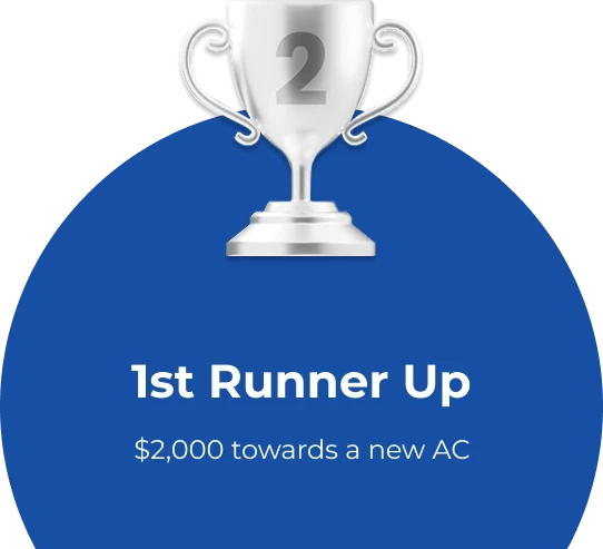 A silver trophy marked with a 2, "1st Runner Up," and "$2,000 towards a new AC" for Swan Plumbing, Heating & Air customers on blue.