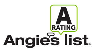Angie's List logo featuring a speech bubble with a bold "A" and "Rating," above the Angie's List name—trusted for service quality.