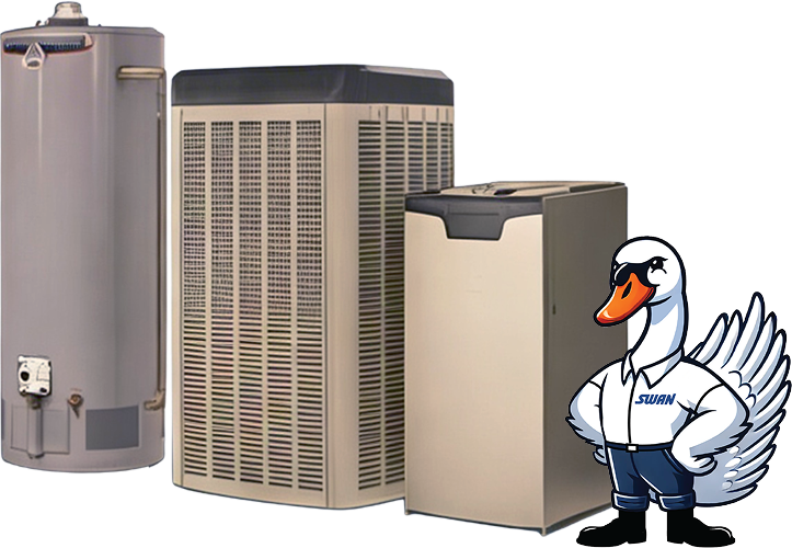 A water heater, HVAC unit, and furnace are displayed with Swan Plumbing, Heating & Air's friendly swan mascot in a SWAN uniform.