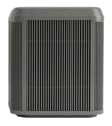 A gray, rectangular outdoor AC unit with vertical vents, ready for installation or service by Swan Plumbing, Heating, and Air's team.
