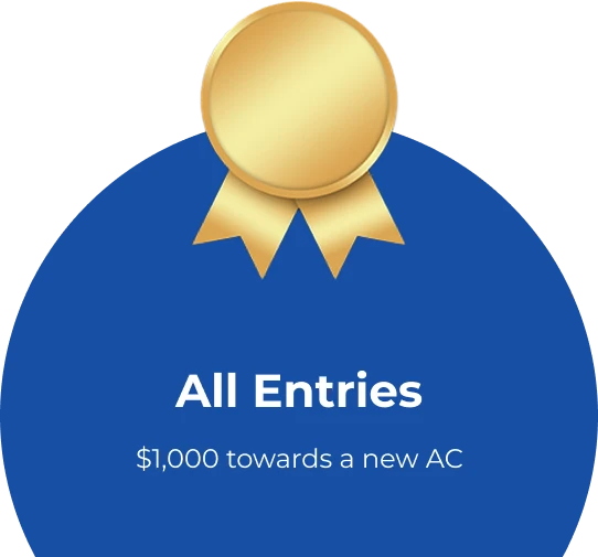 A gold medal sits above the text “All Entries $1,000 towards a new AC” on a vibrant blue background, highlighting Swan’s offer.