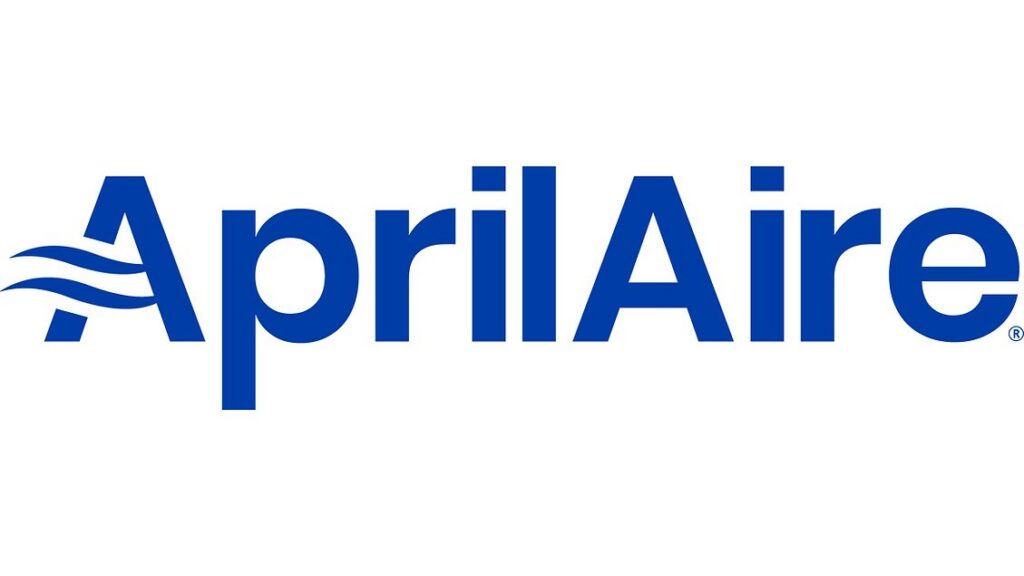 The AprilAire logo features bold blue lettering and a signature wavy "A" on white, reflecting trusted indoor air quality solutions.