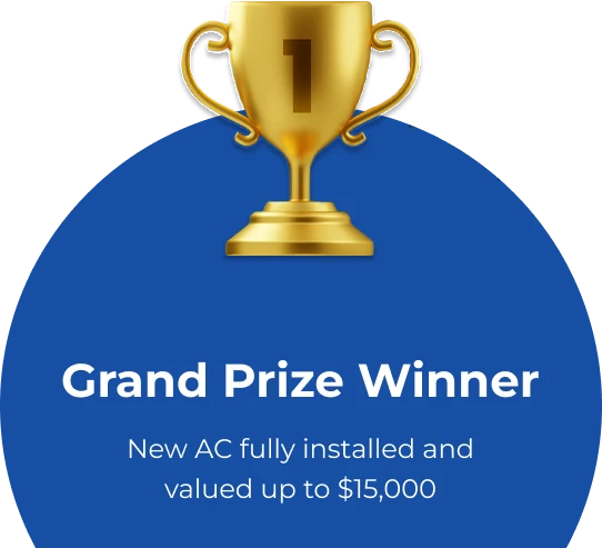 A gold trophy shines above the text: "Grand Prize Winner. New AC fully installed and valued up to $15,000" on blue for Swan Plumbing, Heating, and Air.