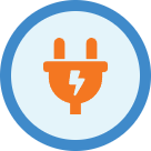 Orange electrical plug icon with a lightning bolt, symbolizing Swan Plumbing, Heating, and Air’s power services, in a blue circle badge.