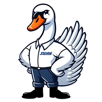 Cartoon swan mascot for Swan Plumbing, Heating, and Air stands proudly in uniform with sunglasses, blue pants, and black boots.