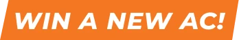 Bright orange banner features bold white text announcing, "WIN A NEW AC!" from Swan Plumbing, Heating, and Air.