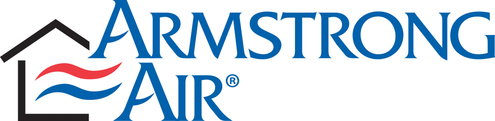 The Armstrong Air logo displays a sleek house outline and bold blue text, with red and blue waves in the "A" symbolizing airflow.