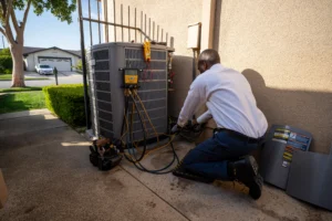 A Swan Plumbing, Heating, and Air technician performing outdoor condenser maintenance during triple-play check