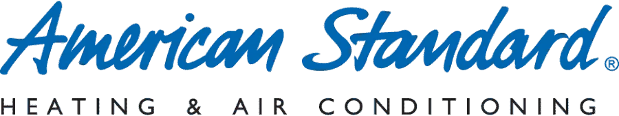 The American Standard logo features blue script above black capital letters stating "HEATING & AIR CONDITIONING" on a light backdrop.