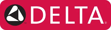 The Delta logo displays a crisp white triangle on a vibrant red background, with "DELTA" in bold white letters below.