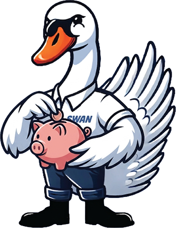 Illustration of a Swan Plumbing, Heating, and Air team mascot in branded attire holding a pink piggy bank, ready to help customers.