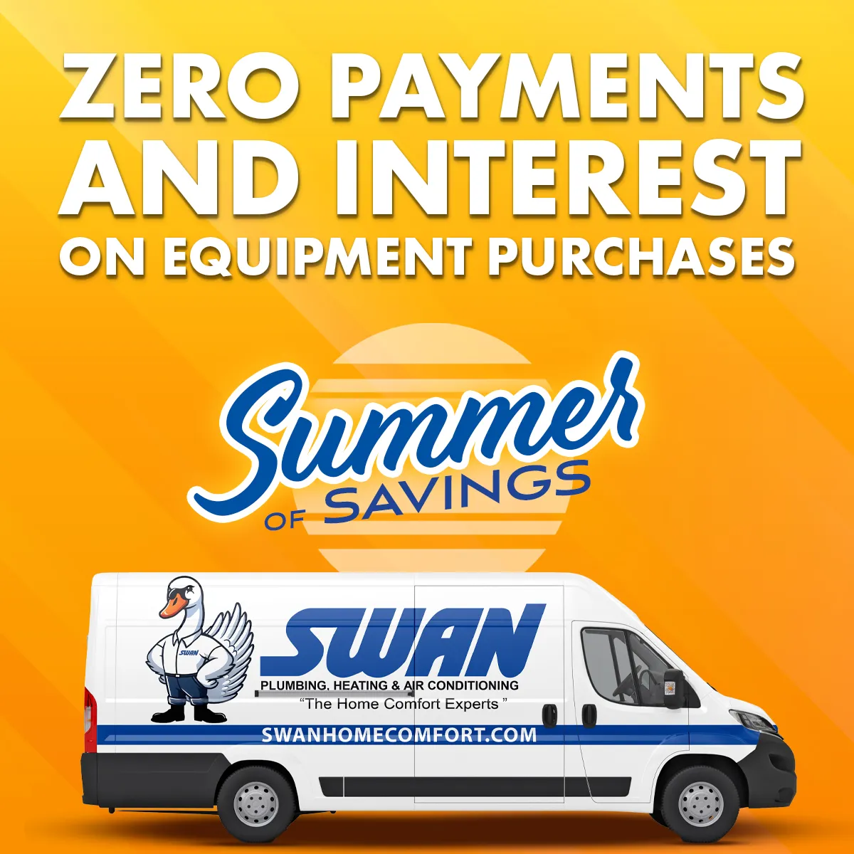 A Swan Plumbing, Heating, and Air service van with swan logo and website on orange background. Text: Summer of Savings offer.